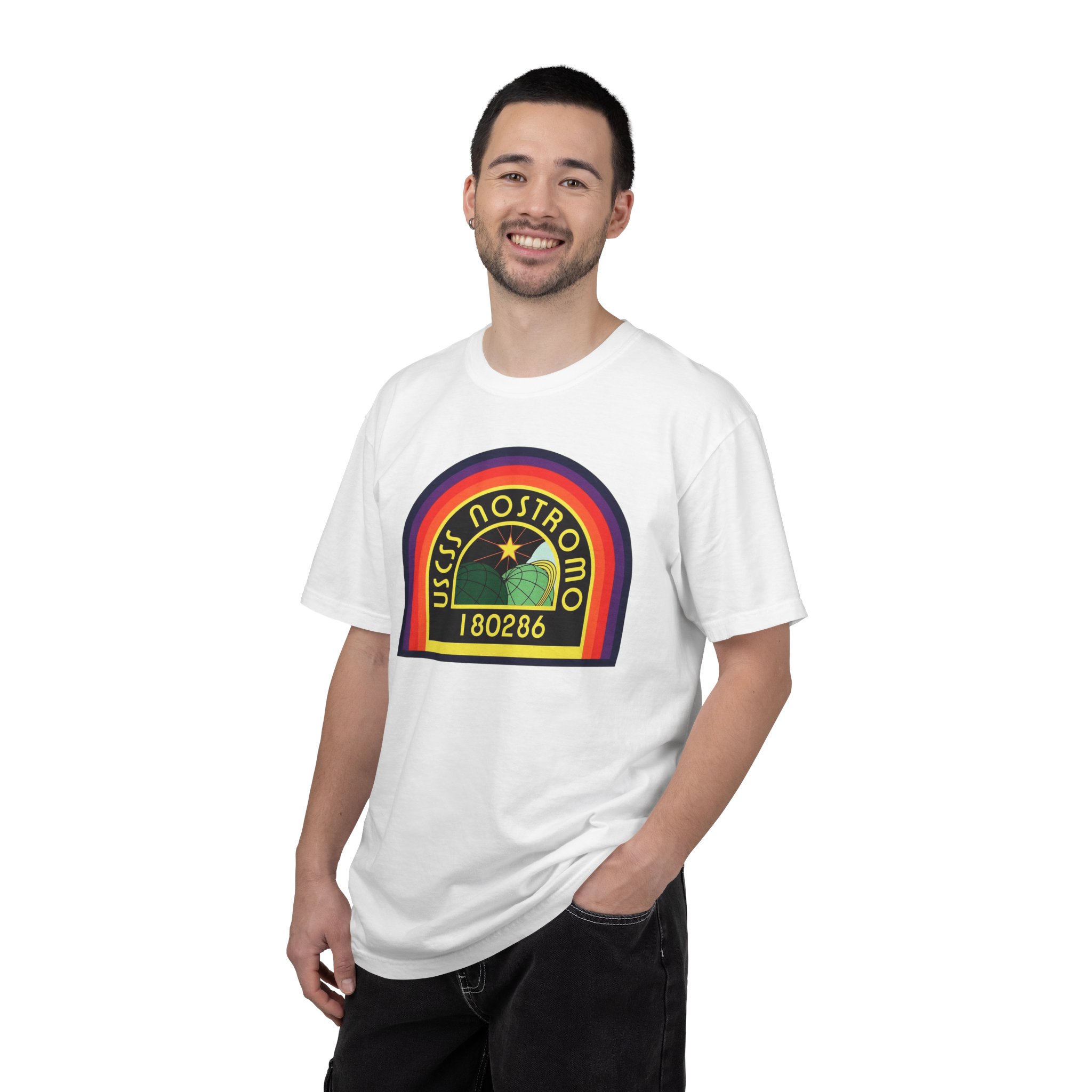 USCSS Nostromo Retro Rainbow T-Shirt — Vintage Sci‑Fi Starship Badge Tee - Image 2