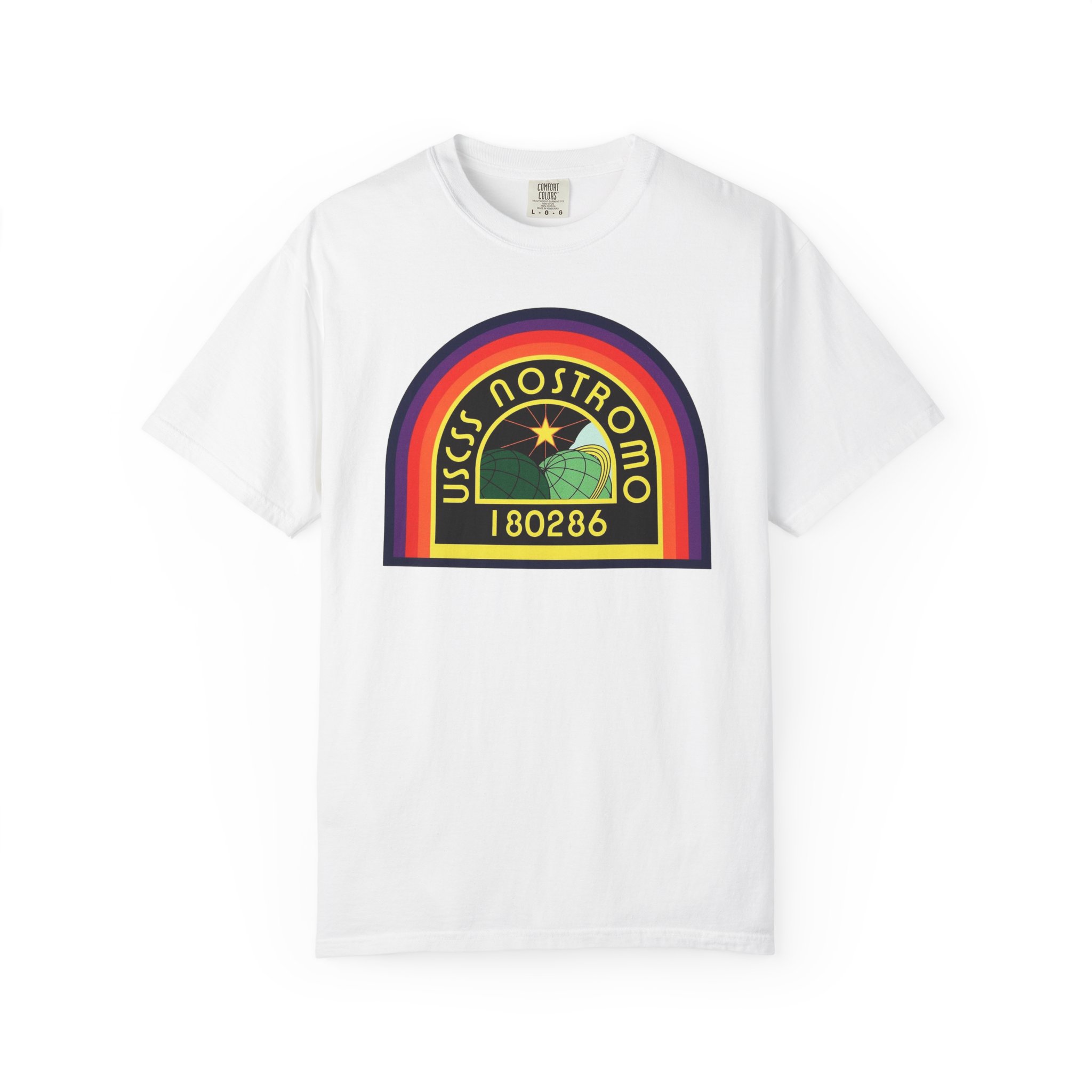 USCSS Nostromo Retro Rainbow T-Shirt — Vintage Sci‑Fi Starship Badge Tee